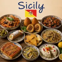 Sicilian Recipes with arancini seafood specialties pasta dishes and traditional Sicilian cuisine on a rustic wooden table with a Sicilian flag