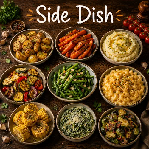 Side Dish Recipes with homemade side dishes on a rustic wooden table