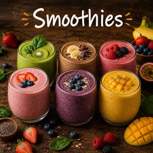 Smoothie Recipes with homemade smoothie drinks on a rustic wooden table