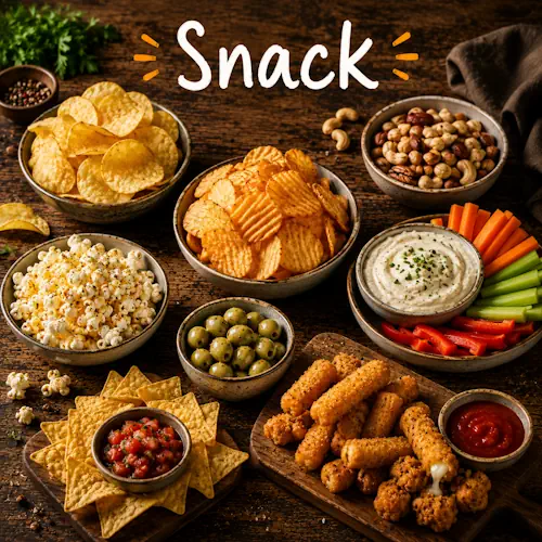 Snack Recipes with homemade snack dishes on a rustic wooden table