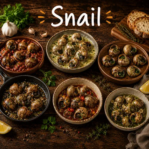Snail Recipes with homemade snail dishes on a rustic wooden table