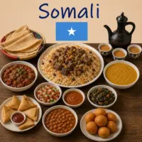 Somali Recipes with spiced rice grilled meats traditional Somali dishes and authentic Somali cuisine on a rustic wooden table with a Somali flag