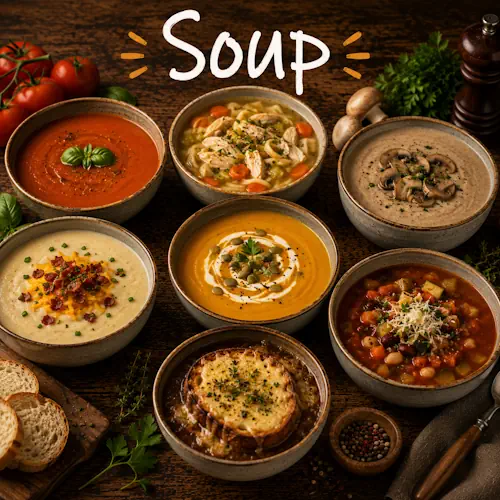 Soup Recipes with homemade soup dishes on a rustic wooden table