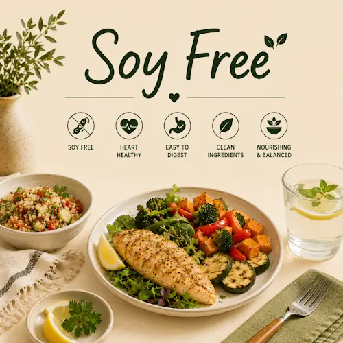 Soy Free Recipes with healthy meals fresh ingredients allergy-friendly dishes and delicious family recipes on a rustic wooden table