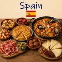 Spanish Recipes with paella tapas seafood specialties and traditional Spanish dishes on a rustic wooden table with a Spanish flag