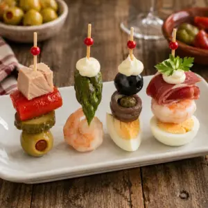Spanish Tapas Skewers with olives, shrimp, Serrano ham, anchovies, eggs, and peppers served on a rustic platter.
