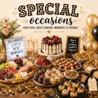 Special Occasion Recipes with elegant meals gourmet dishes celebration desserts and festive foods on a rustic wooden table