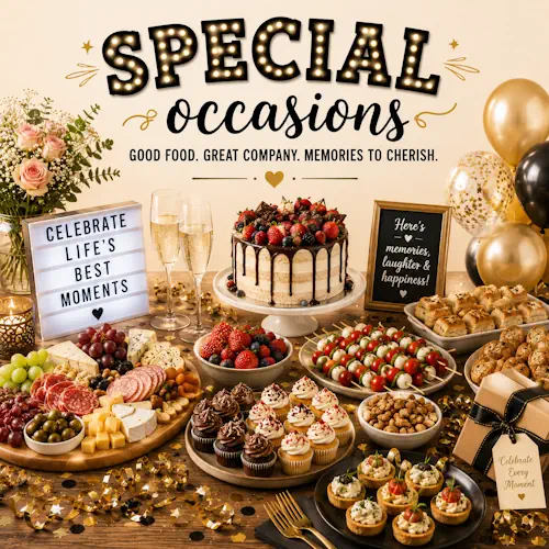 Special Occasion Recipes with elegant meals gourmet dishes celebration desserts and festive foods on a rustic wooden table