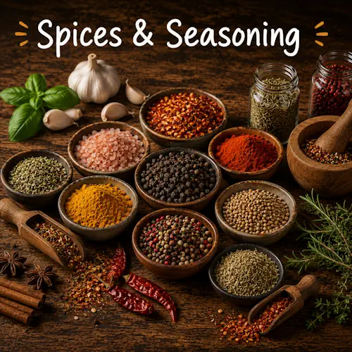 Spices & Seasoning Recipes with homemade spice blends on a rustic wooden table