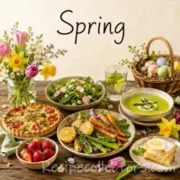 Spring Recipes featuring fresh seasonal vegetables, colorful salads, light meals, and homemade desserts on a rustic wooden table.