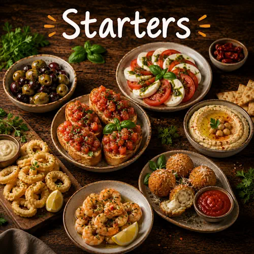 Starter Recipes with homemade starter dishes on a rustic wooden table