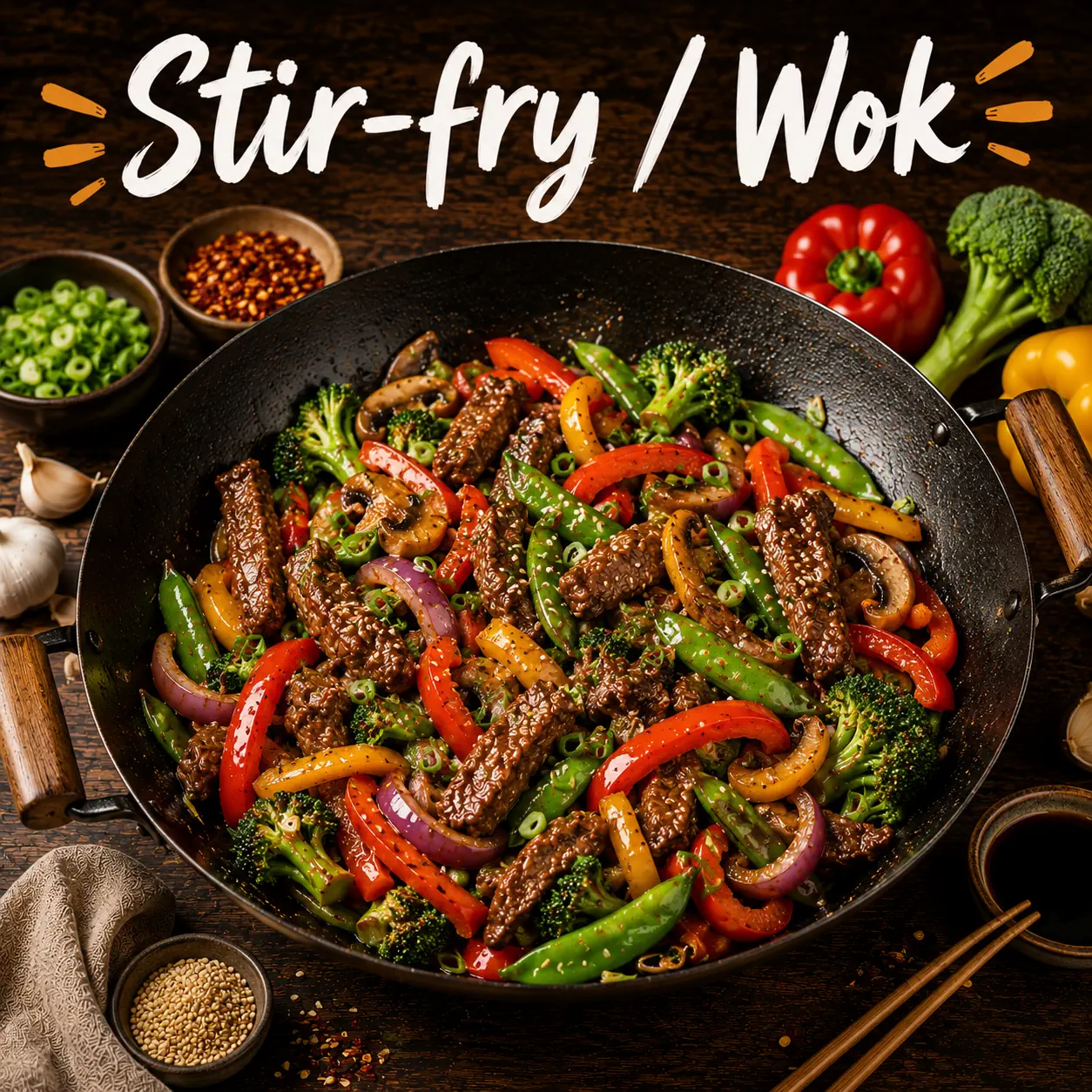 Stir-Fry & Wok Recipes with homemade stir-fry dishes on a rustic wooden table