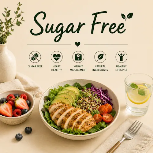 Sugar Free Recipes with healthy meals, nutritious snacks, no-added-sugar dishes and balanced family dinners on a rustic wooden table