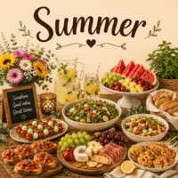Summer recipes with fresh homemade summer dishes on a rustic wooden table