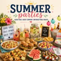 Summer Party Recipes with barbecue dishes fresh salads chilled desserts and outdoor entertaining foods on a rustic wooden table