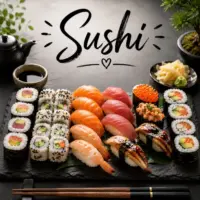 Sushi recipes with fresh sushi rolls nigiri and seafood on a wooden serving board