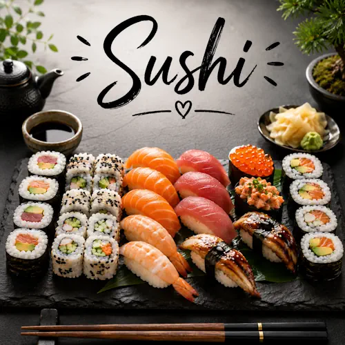 Sushi recipes with fresh sushi rolls nigiri and seafood on a wooden serving board