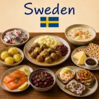 Swedish Recipes with meatballs gravlax seafood specialties and traditional Swedish dishes on a rustic wooden table with a Swedish flag
