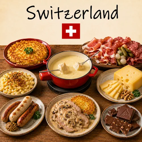 Swiss Recipes with fondue raclette rösti Alpine specialties and traditional Swiss dishes on a rustic wooden table with a Swiss flag