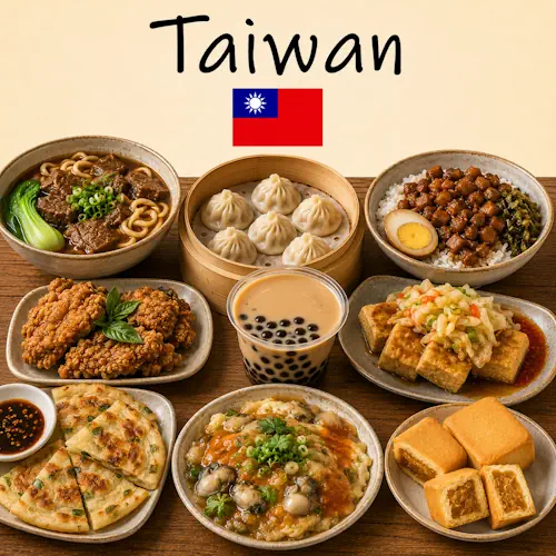 Taiwanese Recipes with noodle dishes seafood specialties dumplings and traditional Taiwanese cuisine on a rustic wooden table with a Taiwanese flag