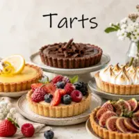 Tart recipes featuring sweet fruit tarts and savory pastry creations on a rustic wooden table