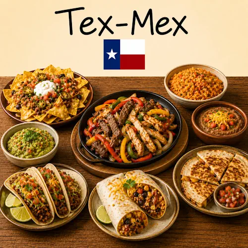 Tex-Mex Cuisine with tacos fajitas nachos enchiladas and colorful Mexican-inspired dishes on a rustic wooden table