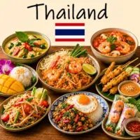 Thai Recipes with curries noodle dishes seafood specialties and traditional Thai cuisine on a rustic wooden table with a Thai flag