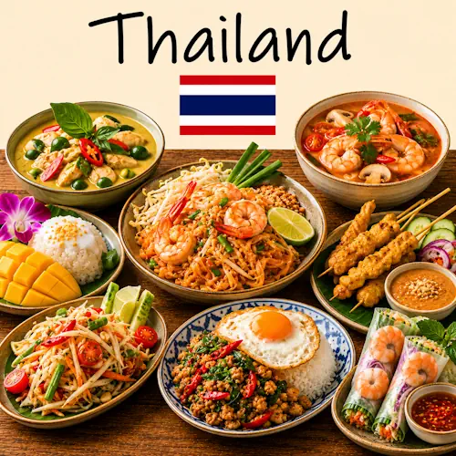 Thai Recipes with curries noodle dishes seafood specialties and traditional Thai cuisine on a rustic wooden table with a Thai flag