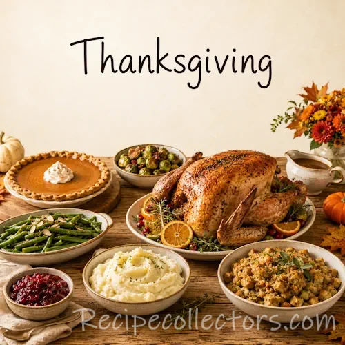 Thanksgiving Recipes featuring roast turkey, seasonal side dishes, homemade desserts, and a festive holiday table ready for family dinner.