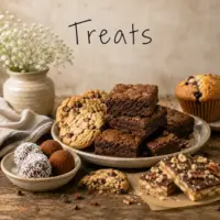 Treat recipes with homemade desserts cookies pastries and sweet snacks on a rustic table