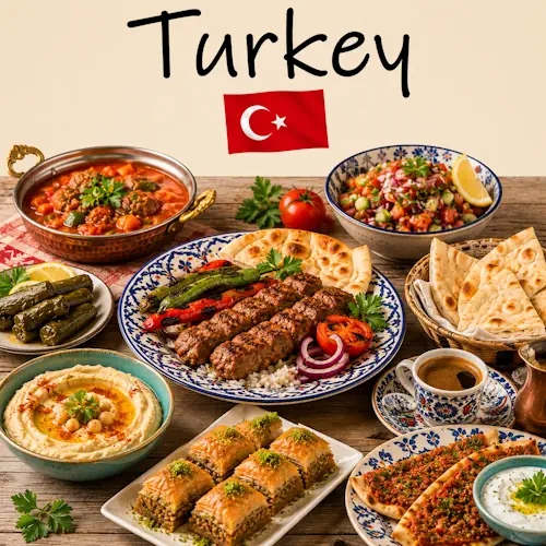 Turkish Recipes with kebabs meze baklava and traditional Turkish cuisine on a rustic wooden table with a Turkish flag