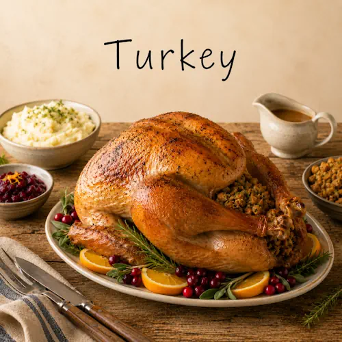 Turkey recipes featuring roasted turkey with vegetables and classic side dishes