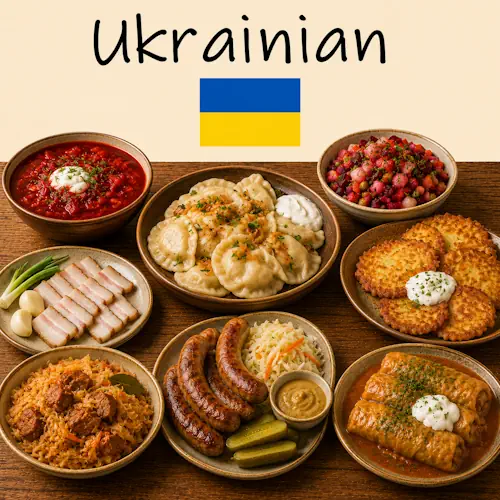 Ukrainian Recipes with borscht varenyky traditional specialties and authentic Ukrainian cuisine on a rustic wooden table with a Ukrainian flag
