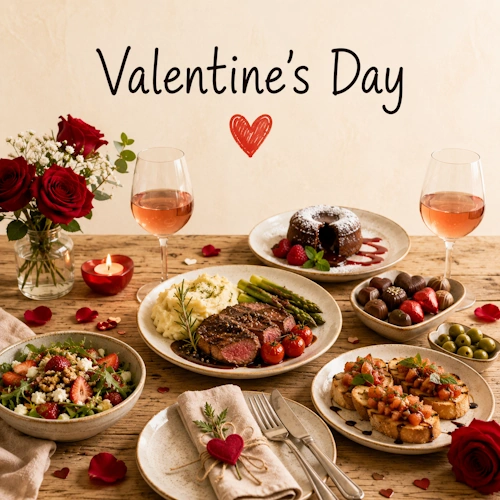 Valentine's Day Recipes with romantic dinners, elegant desserts, festive drinks and meals for two on a rustic wooden table
