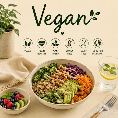Vegan Recipes with plant-based meals, healthy dinners, nutritious ingredients and delicious vegan dishes on a rustic wooden table