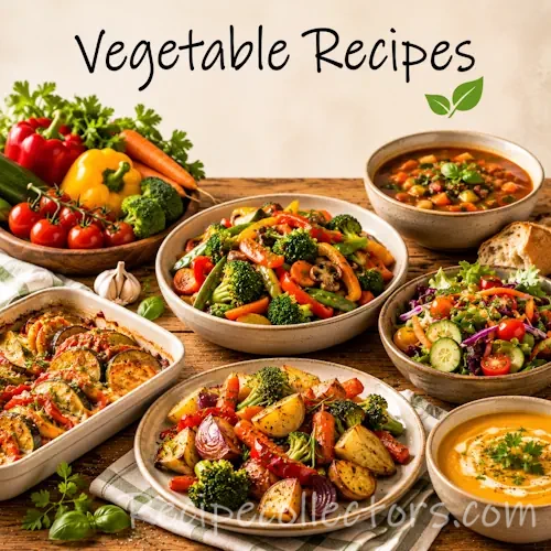 Vegetable recipes with colorful fresh vegetables prepared as healthy meals and side dishes