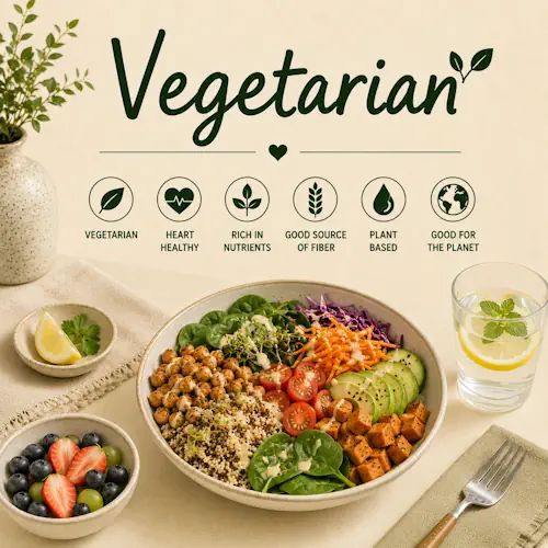 Vegetarian Recipes with fresh vegetables, nutritious meals, healthy ingredients and delicious meat-free dishes on a rustic wooden table