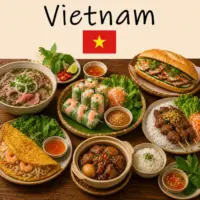 Vietnamese Recipes with pho banh mi spring rolls and traditional Vietnamese cuisine on a rustic wooden table with a Vietnamese flag