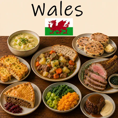 Welsh Recipes with cawl Welsh rarebit seafood specialties and traditional Welsh dishes on a rustic wooden table with a Welsh flag