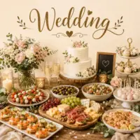 Wedding Recipes with elegant appetizers gourmet meals beautiful desserts and festive celebration dishes on a rustic wooden table