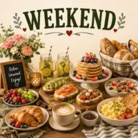 Weekend Recipes with brunch favorites comfort foods family dinners and homemade treats on a rustic wooden table
