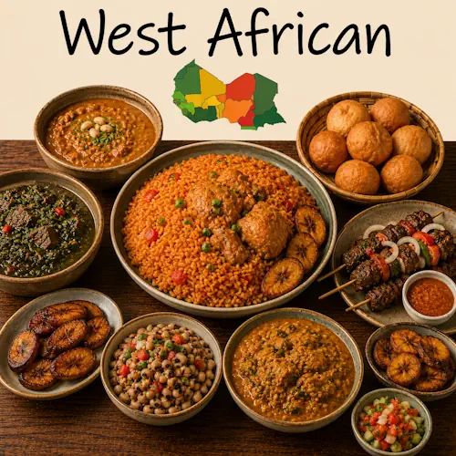 West African Recipes with jollof rice peanut stews grilled meats and traditional West African cuisine on a rustic wooden table with West African flags