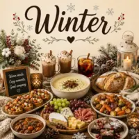 Winter Recipes with hearty soup, stew, baked dishes and cozy seasonal food on a rustic wooden table