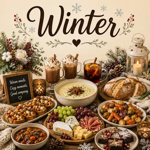 Winter Recipes with hearty soup, stew, baked dishes and cozy seasonal food on a rustic wooden table