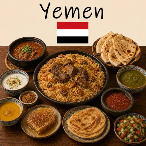 Yemeni Recipes with mandi saltah aromatic rice dishes and traditional Yemeni cuisine on a rustic wooden table with a Yemeni flag