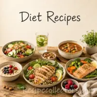 Diet Recipes with healthy meals, balanced ingredients, nutritious snacks and lighter dinners on a rustic wooden table