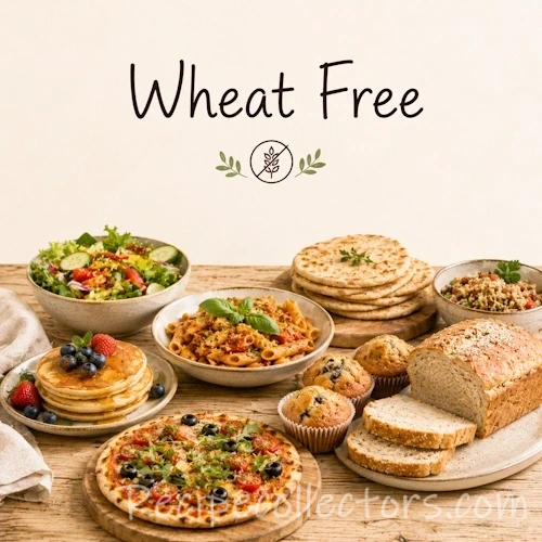 Wheat Free Recipes with healthy meals, baked goods, family dinners and recipes without wheat on a rustic wooden table