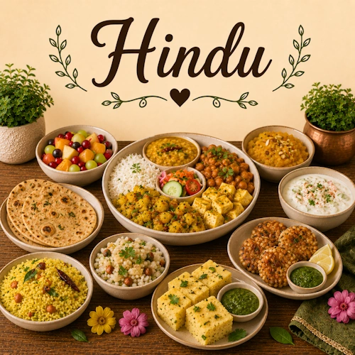 Hindu Recipes with curries, rice dishes, vegetable specialties and traditional family meals on a rustic wooden table
