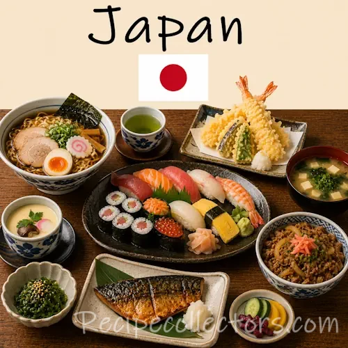 Japanese Cuisine with sushi ramen tempura and traditional Japanese dishes on a rustic wooden table with a Japanese flag