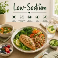 Low Sodium Recipes with fresh vegetables lean proteins healthy meals and flavorful low-salt dishes on a rustic wooden table